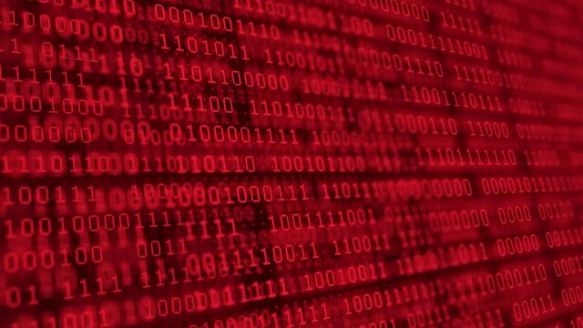 Binary code matrix background with red digits moving on screen. Algorithm binary, data code, decryption and encoding, row matrix abstract background.