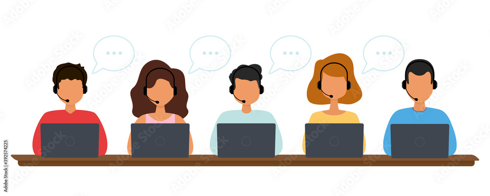 Poster call center operators at work. hotline workers wearing headphones with microphone working at compute