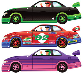 Three racing cars and drivers