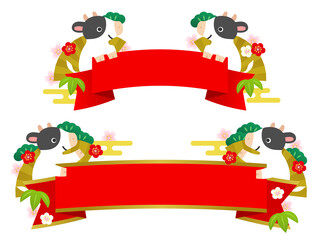 リボンを持つ牛のセット