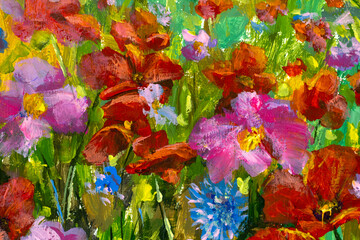Fototapeta na wymiar Original oil painting of flowers, beautiful looming field on canvas. Wildflowers. Modern Impressionism. Impasto artwork.