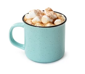 Foto op Aluminium Mug of hot chocolate with marshmallows isolated on white © Nataliia Pyzhova