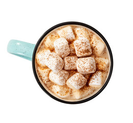 Mug of hot chocolate with marshmallows isolated on white background.