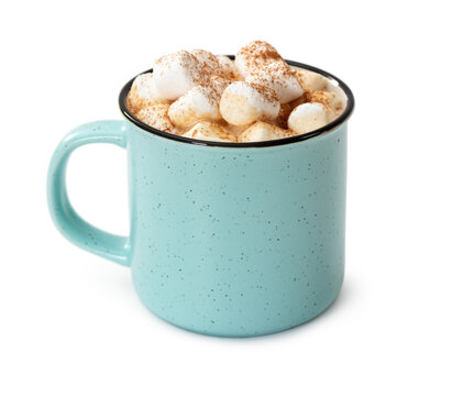Mug of hot chocolate with marshmallows isolated on white - Powered by Adobe