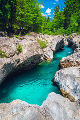 Beautiful Soca river in the narrow rocky canyon, Bovec, Slovenia