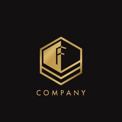 Gold Letter F Letter Logo Concept Elegance Geometrical Hexagon with negative space initial letter for Apartment Real Estate, Property, hotel and Architecture Business.