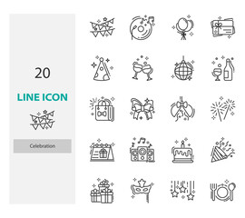 set of celebration thin line icons, birthday, new year, party, anniversary, congratulation