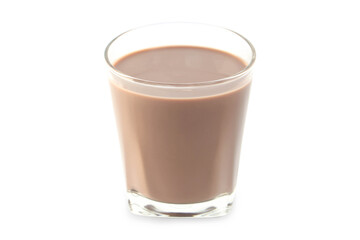 Chocolate milk puddle in glass isolated on white background.