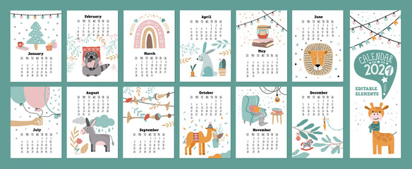 Obraz premium Wall calendar 2021 with animals. School organizer and schedule. Cute lion, giraffe, rabbit, camel, donkey and raccoon characters. Vector illustration in doodle style.