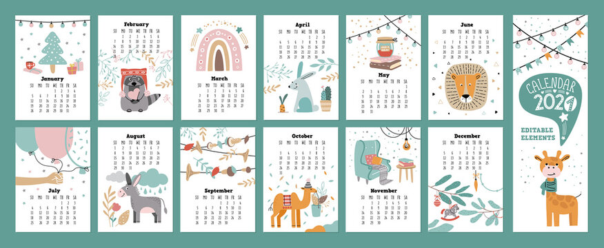 Wall calendar 2021 with animals. School organizer and schedule. Cute lion, giraffe, rabbit, camel, donkey and raccoon characters. Vector illustration in doodle style.