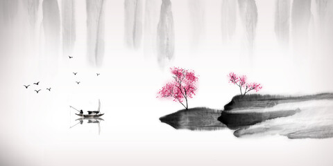 Chinese traditional landscape painting of lake