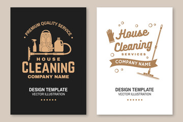 Cleaning company covers, invitations, posters, banners, flyers. Vector. Vintage typography design with cleaning equipments. Cleaning service template for company related business