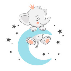 Vector illustration of a cute baby elephant on the blue moon among the stars.