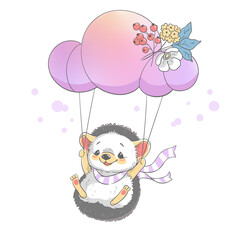 Vector illustration of a cute hedgehog flying with a cloud.