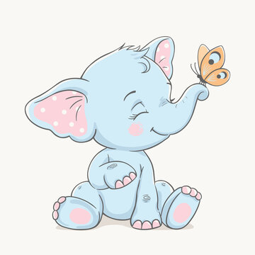 Cute baby elephant with butterfly, vector illustration.