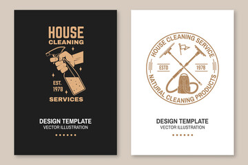 Cleaning company covers, invitations, posters, banners, flyers. Vector. Vintage typography design with cleaning equipments. Cleaning service template for company related business