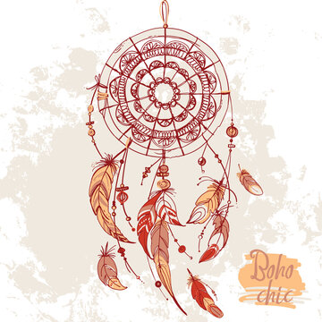 Set of ornaments, feathers and beads. Native american indian dream catcher, traditional symbol. Feathers and beads on white background. Vector decorative elements hippie.