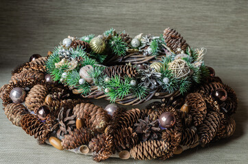 Two Christmas wreaths in natural style close up