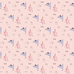 Seamless patterns. Pets yoga. Funny puppies athletes are engaged in gymnastics and stand in asanas. Vector illustration on a light pink background with dumbbells, rope and rug. Dog yoga