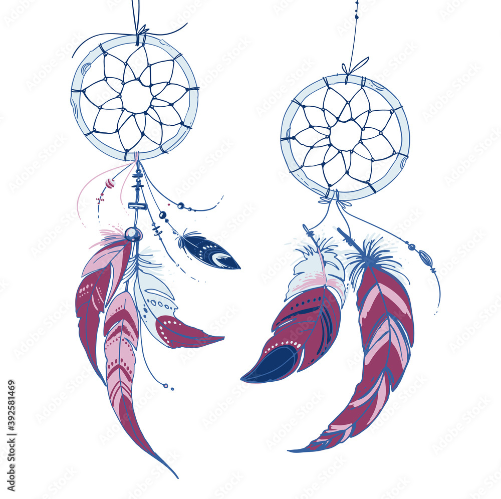 Wall mural Dreamcatcher, Set of ornaments, feathers and beads. Native american indian dream catcher, traditional symbol. Feathers and beads on white background. Vector decorative elements hippie.