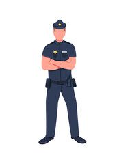 Police officer flat color vector faceless character. Legal enforcement. Security guard. Cop in uniform with arms crossed isolated cartoon illustration for web graphic design and animation
