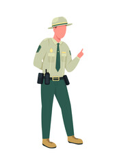 Environmental police male officer flat color vector faceless character. Instructor in uniform with badge. Law enforcement man isolated cartoon illustration for web graphic design and animation