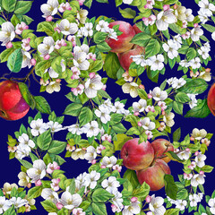 floral seamless pattern with apples and flowers textile design Botanical illustration