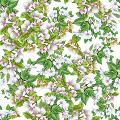 floral seamless pattern of blooming branches design for textiles, Botanical illustration