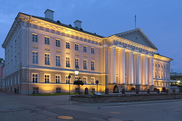 The main building of Tartu University in twilight, Estonia. The building was built in 1804-1809.