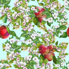 floral seamless pattern with apples and flowers textile design Botanical illustration