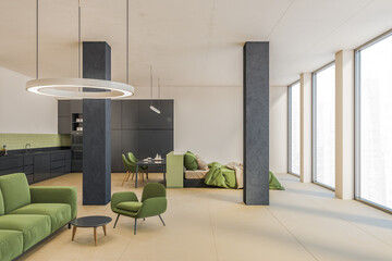Green living hall room with new furniture and kitchen, big windows