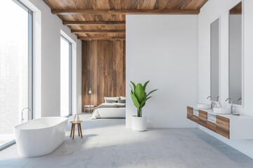 Open space living room, bedroom and bathtub. White and wooden walls