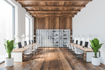 Wooden office with computers and armchairs, business office with city view