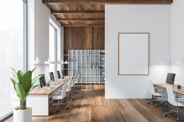 White and wooden office room with mockup blank canvas with computers on tables and white armchairs. Open space business room with bookshelves, wooden wall and floor, 3D rendering no people