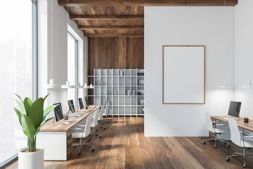 Foto op Plexiglas White and wooden office room with mockup blank canvas with computers on tables and white armchairs. Open space business room with bookshelves, wooden wall and floor, 3D rendering no people © ImageFlow