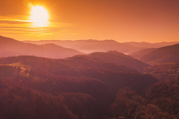 Fototapeta premium Autumn in the mountains. View of the mountains ridge during sunset. Beautiful nature landscape. Carpathian mountains. Zakarpattia Oblast, Ukraine