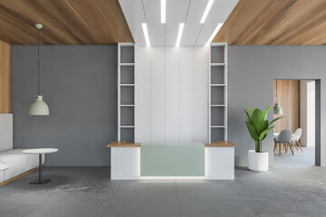 White reception desk in open space hall, wooden ceiling and grey floor