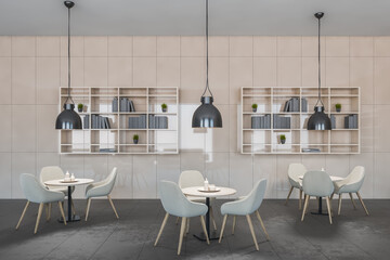 Grey cafe with chairs and wooden table with pendant lamps, wooden wall and grey floor