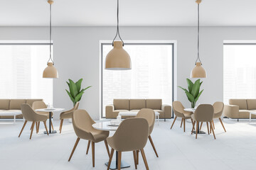 Grey cafe with chairs and wooden table with pendant lamps, wooden wall and grey floor