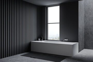 Gray bathroom corner with tub
