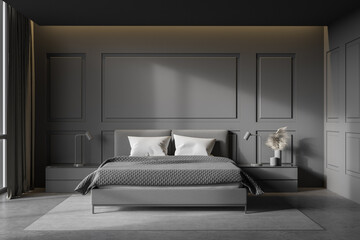 Gray master bedroom interior with bed