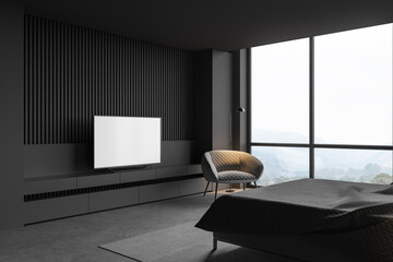 Gray master bedroom corner with mock up TV screen