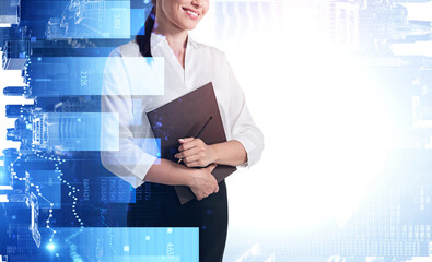 Woman with folder in city, graph