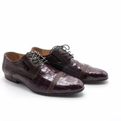 Men's elegant demi-season low shoes made of dark burgundy genuine leather. Snake embossing, lacing, thin sole. Isolated over white background.
