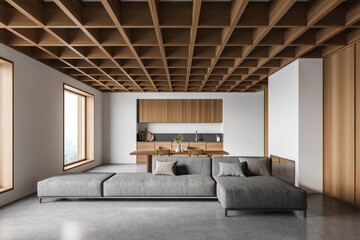 White and wooden living room interior with sofa