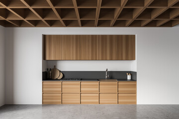 White and wooden kitchen interior with cupboards