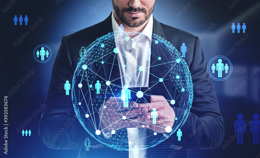 Poster man with smartphone, social network interface