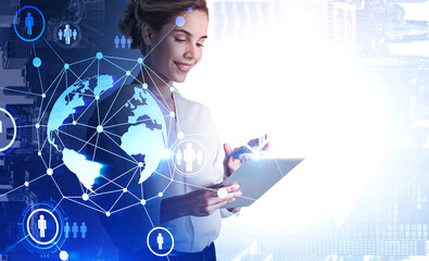 Woman with tablet, social network interface