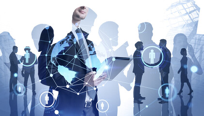 Man with tablet and team in city, social network