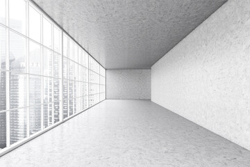 Large empty grey hall with big window, marble design of office space